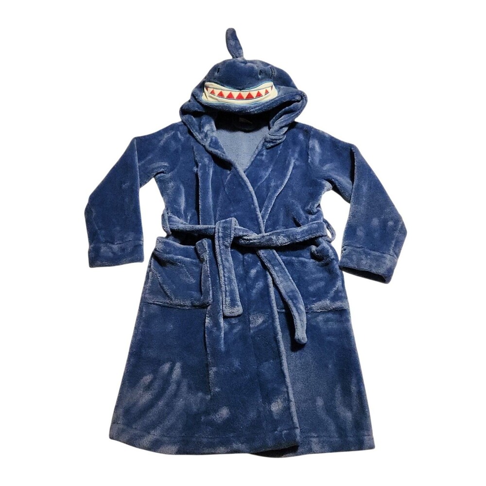 LL Bean Childs Bathrobe Blue w/ Shark Face Hood Pockets Size M *Read Measurement